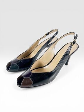 Bruno Magli Vintage Patchwork Leather Slingback Heels Peep Toe Buckle 8.5 AA